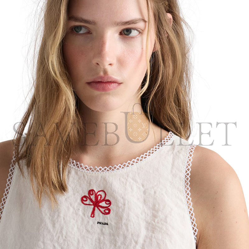 PRADA EMBROIDERED SLUBBED CANVAS MINI-DRESS P3S60R